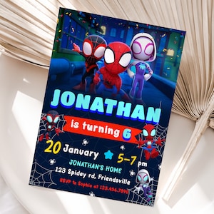 Modelo editável de convite de aniversário do Aranha e seus amigos incríveis, convites para festa de aniversário para impressão, cartão de aniversário digital para crianças