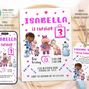 May include: A pink and white printable invitation for a 3rd birthday party featuring Doc McStuffins and her friends. The invitation includes the birthday girl's name, age, date, time, and location. It also includes a thank you tag with a similar design.