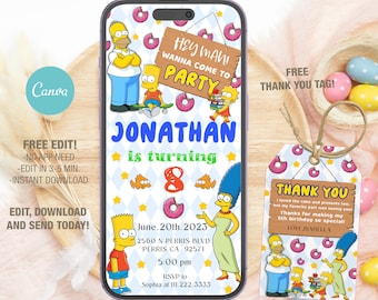 Plantilla editable de invitación de cumpleaños de Los Simpsons para fiesta infantil de Evite (descarga digital)