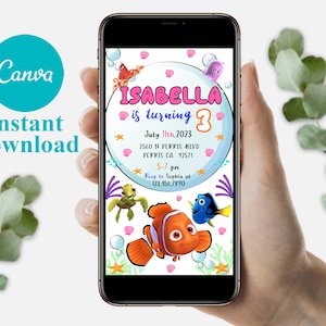 Bearbeitbares Mobile Findet Nemo Geburtstagseinladungsvorlage, Einladungen zur Geburtstagsfeier, Digitale Kinderparty einladen, Evite Geburtstagskarte