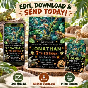 Puede incluir: Una invitación de cumpleaños digital y una etiqueta de agradecimiento a juego con temática de selva, con varios lagartos, serpientes y cocodrilos. El texto dice: Slither, hop, crawl or slide on over to Jonathan 7th birthday, Saturday July 20th.