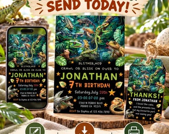 May include: A digital birthday invitation and matching thank you tag featuring a jungle theme with various lizards, snakes, and crocodiles. The text reads: Slither, hop, crawl or slide on over to Jonathan 7th birthday, Saturday July 20th.