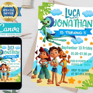 Editable Luca Birthday Invitation Template, Printable Birthday Party Invitations, Digital Kids Party Invite Template, Evite Bday Card