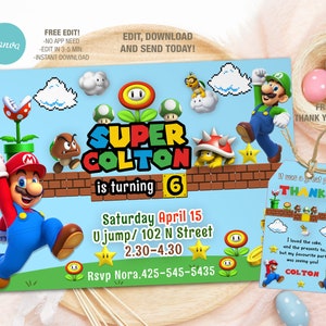Modelo editável de convite de aniversário do Super Mario, convites para festa de aniversário para impressão, convite digital para festa infantil, cartão para meninos e meninas