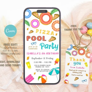 May include: Editable digital invitation for a pizza pool party. The invitation features a colorful design with pizza slices, pool floats, and a beach umbrella. The text on the invitation reads "Pizza Pool Party" and "Isabella's 8th Birthday". The invitation also includes the date, time, and location of the party. A matching thank you tag is also included.