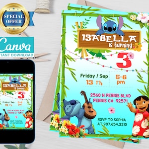 Editable Stitch Birthday Invitation Template, Printable Birthday Party Invitations, Digital Kids Party Invite Template, Boys & Girls Invite