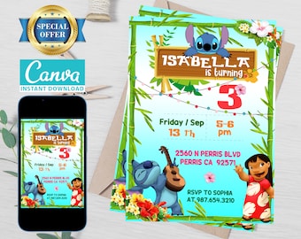 May include: A blue and white Stitch character from the Disney movie Lilo & Stitch is holding a guitar. The character is on a blue background with green bamboo and pink flowers. The text "ISABELLA is turning 3" is on a wooden sign. The invitation is for a birthday party on Friday, September 13th from 5-6 pm. The address is 2560 N Perris Blvd, Perris CA 92571. RSVP to Sophia at 987.654.3210.