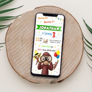 Bearbeitbare Mobile Curious George Geburtstagseinladungsvorlage, Einladungen zur Geburtstagsfeier, Digitale Kinderparty einladen, Evite Bday Karte
