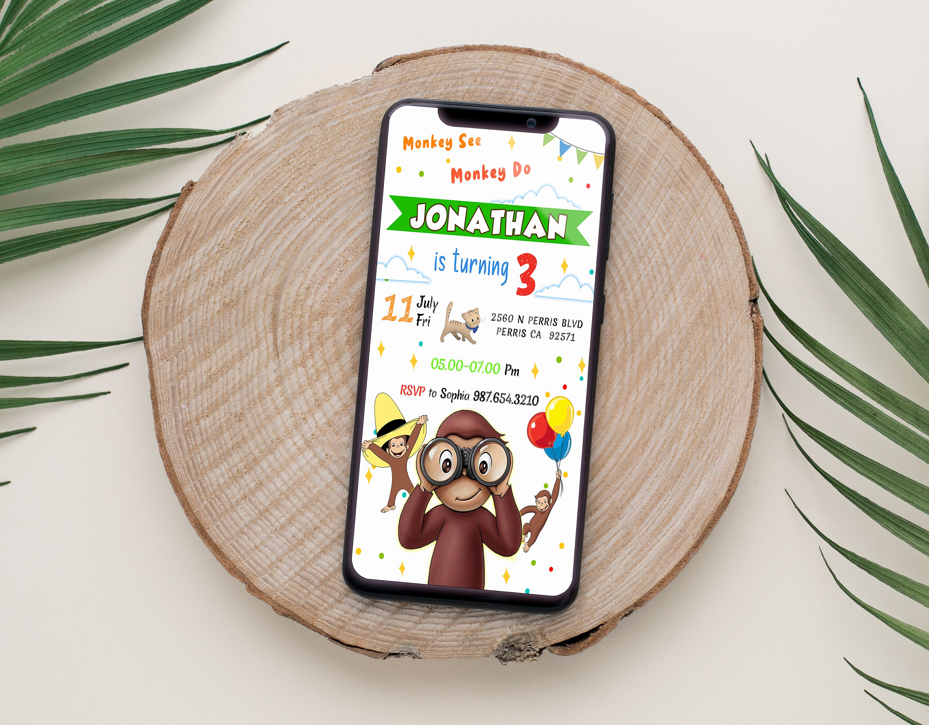 Editable Mobile Curious George Birthday Invitation Template, Birthday Party Invitations, Digital Kids Party Invite, Evite Bday Card