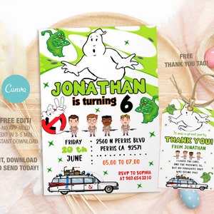 Modello modificabile di invito di compleanno di Ghostbusters, inviti per feste di compleanno stampabili, modello di invito per feste di compleanno digitali, biglietto di compleanno