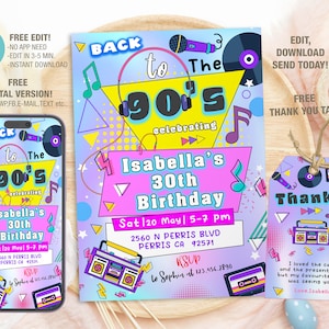 Editable 90s Birthday Invitation Template, Printable 90&#39;s Birthday Party Invitations, Digital Bday Party Invite Bday Card