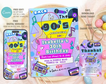 Editable 90s Birthday Invitation Template, Printable 90's Birthday Party Invitations, Digital Bday Party Invite Bday Card
