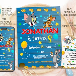 Bewerkbare Tom en Jerry verjaardagsuitnodigingssjabloon, afdrukbare Tom en Jerry verjaardagsuitnodigingen, digitale kinderfeestje uitnodiging verjaardagskaart