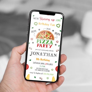 Modello mobile modificabile per invito di compleanno per pizza party, inviti per feste di compleanno, invito per feste digitali per bambini, biglietto di compleanno Evite
