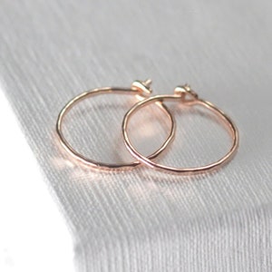 14K Solid Rose gold hoops, 14 kt hammered hoops, 13mm 15mm rose gold hoops, thin rose gold hoop earrings, small gold hoops PREORDER image 2