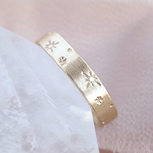 Nocturne 14K Solid Yellow Gold Starburst Ring, 4mm x 0.75mm gold star band, celestial ring, space ring, engraved flat gold band PREORDER image 2