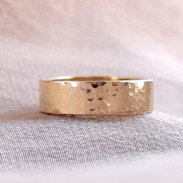 Purl | 14K Solid Yellow Gold 5MM x 1MM hammered band, flat gold band, rustic ripple texture ring, wide gold band, wedding band | PREORDER