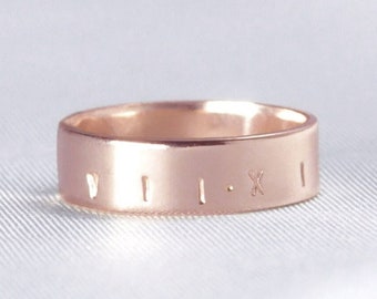Aven ⟡ 18K Solid Rose Gold 5MM x 0.75MM Engraved Band, custom gold personalized name, roman numeral, quote ring, low profile ring | PREORDER