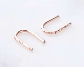 14K Rose Gold Bar Earrings, 14 kt climber earrings, tiny gold bar earring, textured bar line studs, pink gold earrings, solid 14k rose gold