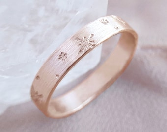 Nocturne ⟡ 14K Solid Rose Gold Starburst Ring, 4mm x 1mm gold star band, Celestial ring, star pattern ring, flat rose gold band | PREORDER