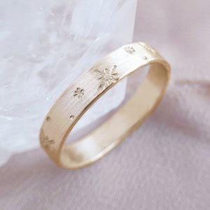 Nocturne 14K Solid Yellow Gold Starburst Ring, 4mm x 0.75mm gold star band, celestial ring, space ring, engraved flat gold band PREORDER image 1
