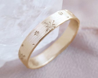 Nocturne ⟡ 14K Solid Yellow Gold Starburst Ring, 4mm x 0.75mm gold star band, celestial ring, space ring, engraved flat gold band | PREORDER