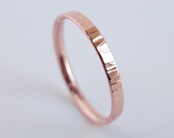 Beam ⟡ 14K Solid Rose Gold 2MM line textured Band, 2mm ribbed gold band, 14k grooved hammered ring, rustic wood grain ring, 2 x 1mm band