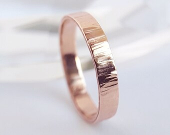 Beam ⟡ 3mm 14K Solid Rose Gold Hammered Band, grooved wood grain textured band, rustic gold ring, line textured, 3mm flat ring | PREORDER