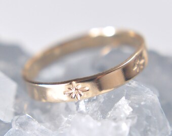 North Star ⟡ 14K Solid Yellow Gold Starburst Ring, 3mm star pattern ring, 14k gold flat band, celestial ring, 3mm x 0.75mm | PREORDER