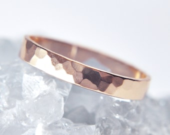 AVEN 3MM 14K Rose Gold Hammered Band, 3MM x 0.75MM SLIM band, faceted hammered rose gold ring, 14k solid Rose gold, low profile | PREORDER