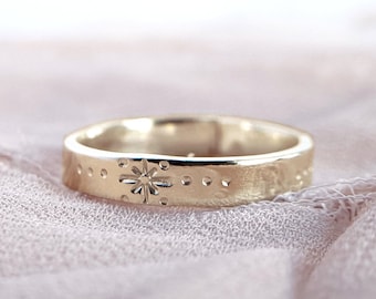 Astra ⟡ 3mm 14K Solid Yellow Gold Starburst Ring, 3mm star pattern ring, 14k gold flat band, celestial ring, 3mm x 0.75mm | PREORDER