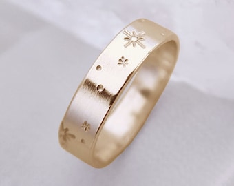 Nocturne ⟡ 5mm 14K Solid Yellow Gold Starburst Ring, star engraved flat band, Celestial ring, night sky ring, 5mm x 0.75mm SLIM | PREORDER