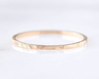 14K Solid Yellow Gold Square Hammered Band, 1mm flat band, 14k gold faceted band, square stacking ring, 14 karat spacer ring / Thetis
