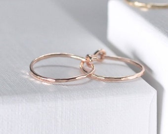 14K Solid Rose gold hoops, 14 kt hammered hoops, 13mm 15mm rose gold hoops, thin rose gold hoop earrings, small gold hoops | PREORDER