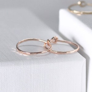 14K Solid Rose gold hoops, 14 kt hammered hoops, 13mm 15mm rose gold hoops, thin rose gold hoop earrings, small gold hoops PREORDER image 1