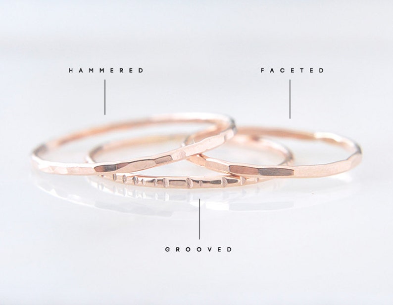14K Solid Rose Gold hammered ring, 1MM hammered ring, 14 karat rose faceted ring, solid gold stacking ring, thin rose gold ring PREORDER image 3