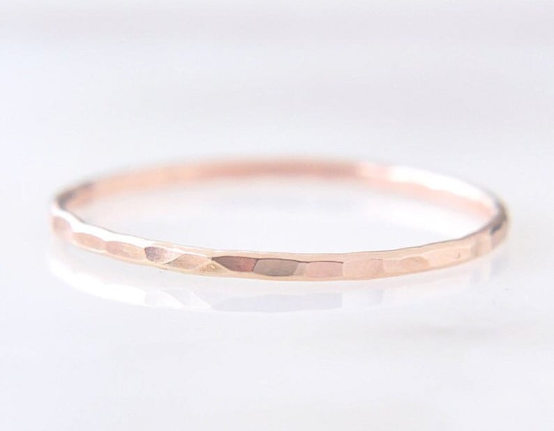 14K Solid Rose Gold hammered ring, 1MM hammered ring, 14 karat rose faceted ring, solid gold stacking ring, thin rose gold ring PREORDER image 1