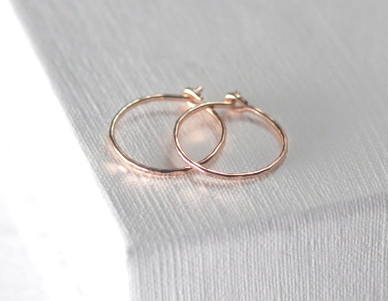 14K Solid Rose gold hoops, 14 kt hammered hoops, 13mm 15mm rose gold hoops, thin rose gold hoop earrings, small gold hoops PREORDER image 2