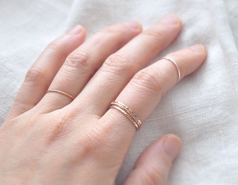 14K Solid Rose Gold hammered ring, 1MM hammered ring, 14 karat rose faceted ring, solid gold stacking ring, thin rose gold ring PREORDER image 4