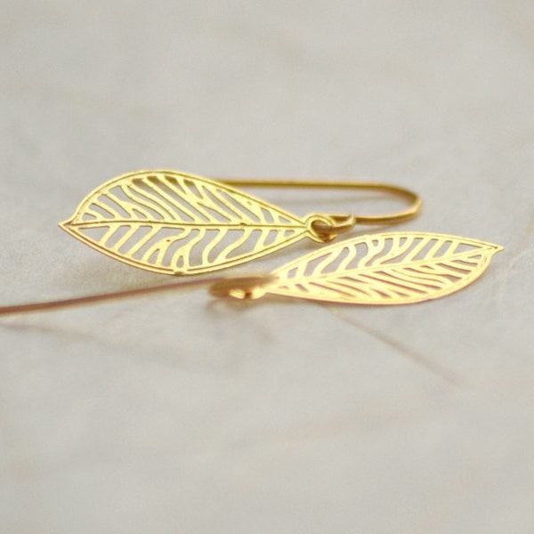 Gold leaf earrings - delicate dangles on gold fill ear hooks - small simple jewelry