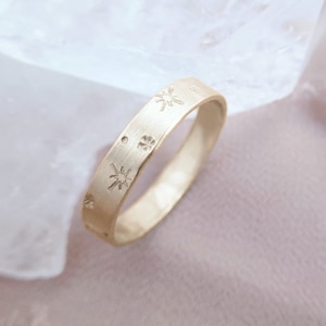 Nocturne 14K Solid Yellow Gold Starburst Ring, 4mm x 0.75mm gold star band, celestial ring, space ring, engraved flat gold band PREORDER image 3