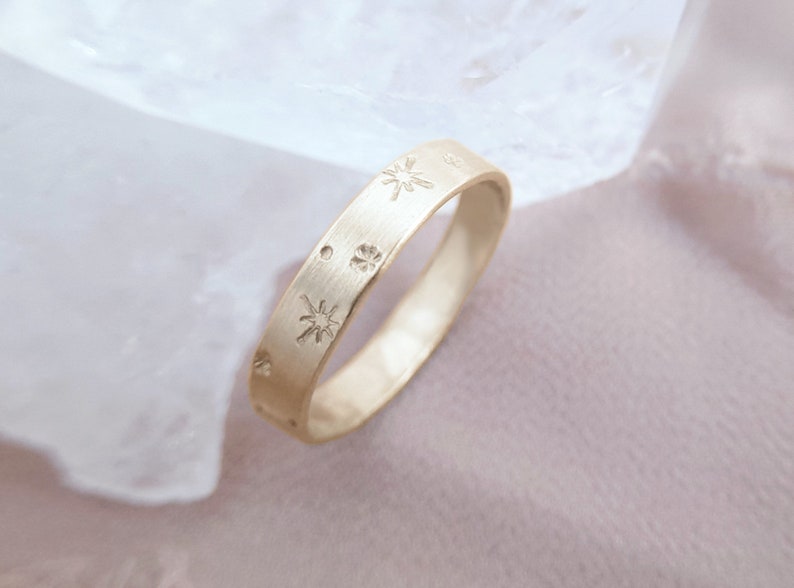 Nocturne 14K Solid Yellow Gold Starburst Ring, 4mm x 0.75mm gold star band, celestial ring, space ring, engraved flat gold band PREORDER image 3