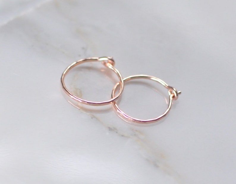 14K Solid Rose gold hoops 14 kt hammered hoops rose gold Etsy