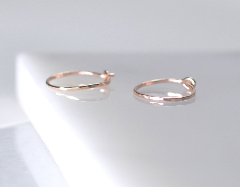 14K Solid Rose gold hoops, 14 kt hammered hoops, 13mm 15mm rose gold hoops, thin rose gold hoop earrings, small gold hoops PREORDER image 5