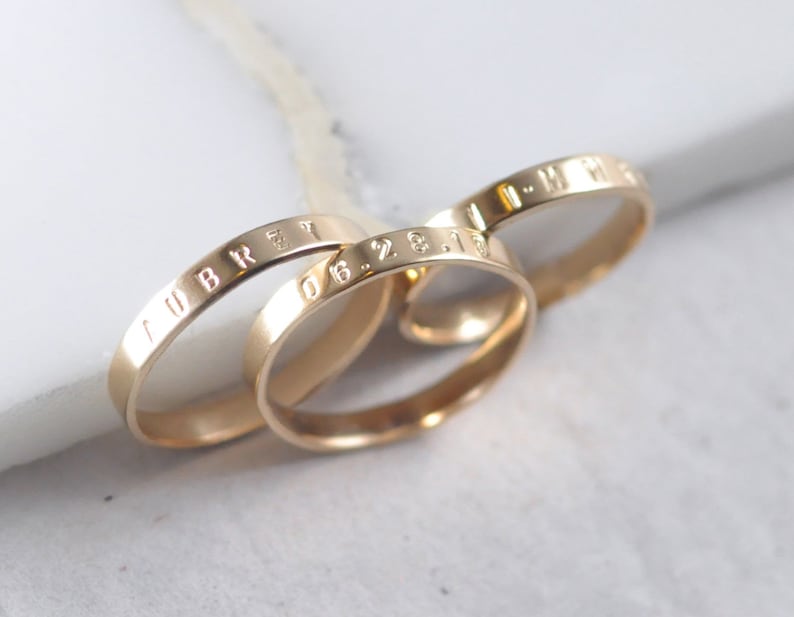 Personalized 14K Yellow Gold ring, 3mm solid gold engraved ring, flat band, posy ring, custom name date quote ring, wedding band / PREORDER image 2