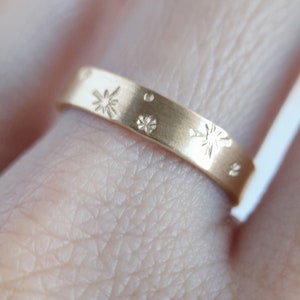 Nocturne 14K Solid Yellow Gold Starburst Ring, 4mm x 0.75mm gold star band, celestial ring, space ring, engraved flat gold band PREORDER image 4