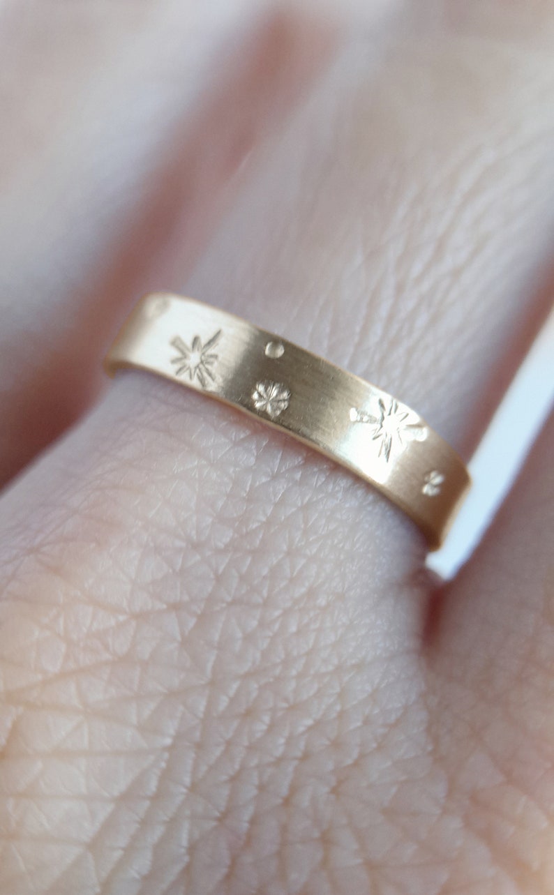 Nocturne 14K Solid Yellow Gold Starburst Ring, 4mm x 0.75mm gold star band, celestial ring, space ring, engraved flat gold band PREORDER image 4