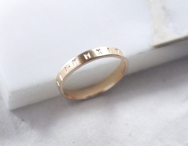 Personalized 14K Yellow Gold ring, 3mm solid gold engraved ring, flat band, posy ring, custom name date quote ring, wedding band / PREORDER image 3