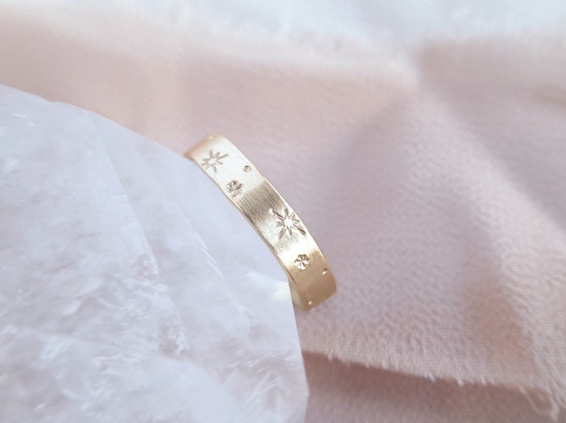 Nocturne 14K Solid Yellow Gold Starburst Ring, 4mm x 0.75mm gold star band, celestial ring, space ring, engraved flat gold band PREORDER image 2