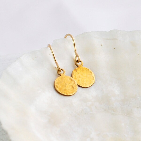 Hammered drop earrings - small round brass dangles on 14k gold filled ear hooks - dainty gold earrings - simple everyday jewelry